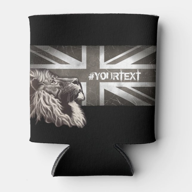 Black and White Proud Lion Union Jack Custom Text Can Cooler (Front)