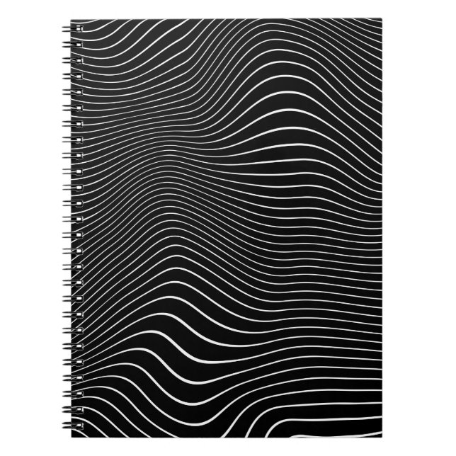 Black and white Psychedelic Linear Wavy Background Notebook (Front)