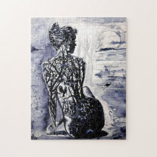 Black and White Puzzle Woman Nature Painting