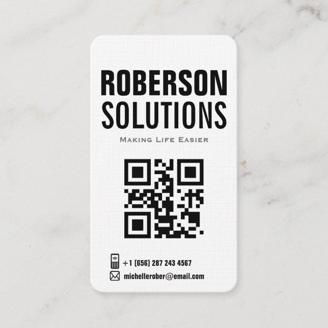 black and white qr code on bold design business card (Front)