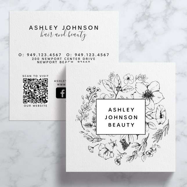 Black and White QR Code Website Modern Botanical Square Business Card (QR Code Social Media Business Card)