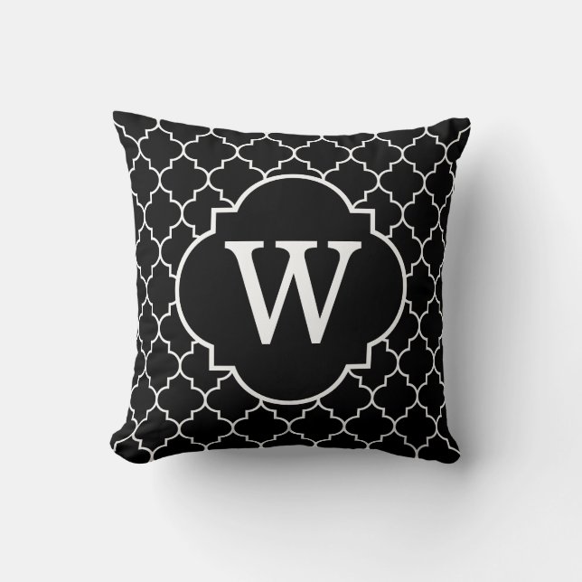 Black And  White Quatrefoil Monogram Throw Pillow (Front)