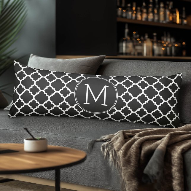 Black and White Quatrefoil Pattern Custom Monogram Body Pillow (Custom Body Pillow)