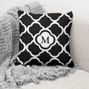 Black And White Quatrefoil Pattern Custom Monogram Throw Pillow