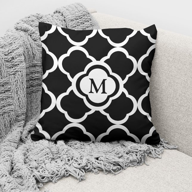 Black And White Quatrefoil Pattern Custom Monogram Throw Pillow (Creator Uploaded)