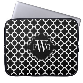 Black and White Quatrefoil Pattern Monogram Laptop Sleeve