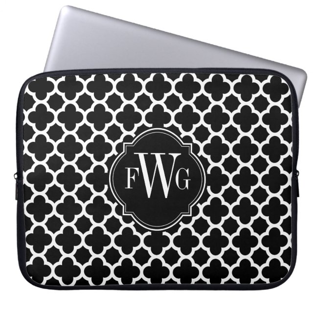 Black and White Quatrefoil Pattern Monogram Laptop Sleeve (Front)