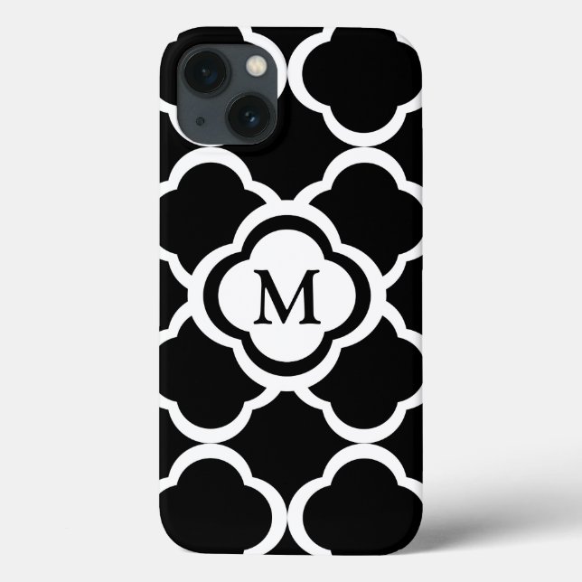 Black and White Quatrefoil personalize Monogram Case-Mate iPhone Case (Back)