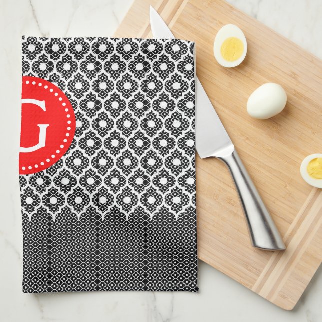 Black And White Quatrefoil Red Accent Kitchen Towel (Quarter Fold)