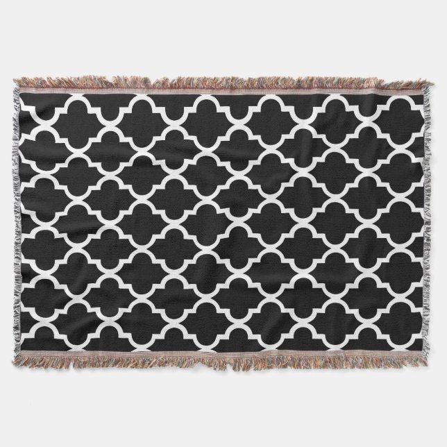 Black and White Quatrefoil Tiles Pattern Throw Blanket (Front)