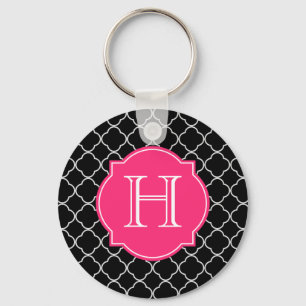 Black and White Quatrefoil with Monogram Keychain
