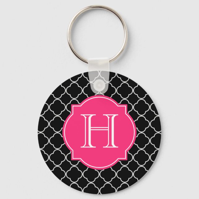 Black and White Quatrefoil with Monogram Keychain (Front)