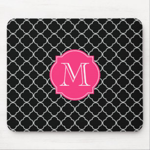 Black and White Quatrefoil with Monogram Mouse Pad