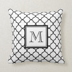 Black and White Quatrefoil, Your Monogram Throw Pillow