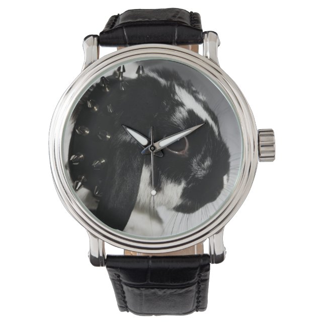 Black and white rabbit with studded collar watch (Front)