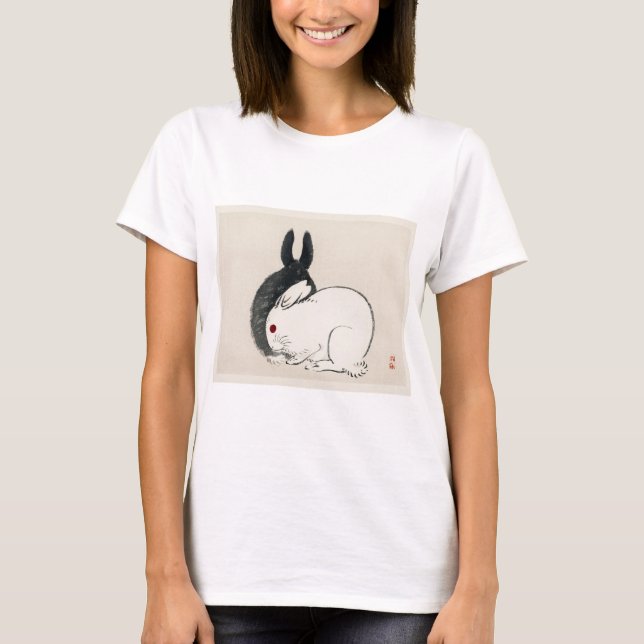 Black and white rabbits by Kono Bairei T-Shirt (Front)