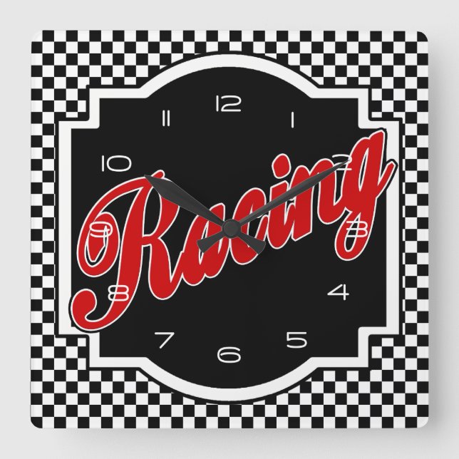 Black and White Racing Square Clock (Front)