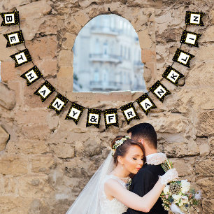 Black and White Random Gold Dot Patten Wedding Bunting Flags