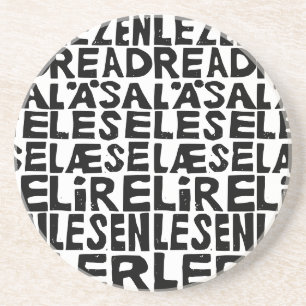 Black and White "Read" in 8 Languages Lino Cut Coaster