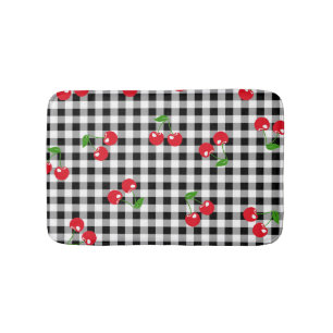 Black and White Red Cherry Gingham Pattern Bath Mat