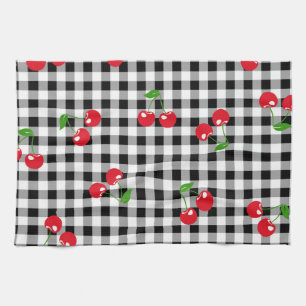 Black and White Red Cherry Gingham Pattern Kitchen Towel