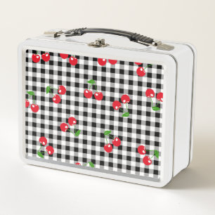 Black and White Red Cherry Gingham Pattern Metal Lunch Box