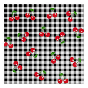 Black and White Red Cherry Gingham Pattern Poster