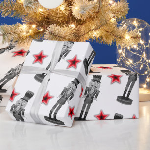Black and White Red Stars Nutcracker Soldier  Wrapping Paper