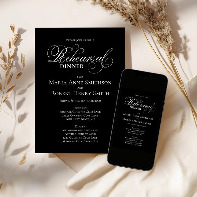 Black and White Rehearsal Dinner Timeline Invitation (Black and white wedding rehearsal dinner invitation template. )