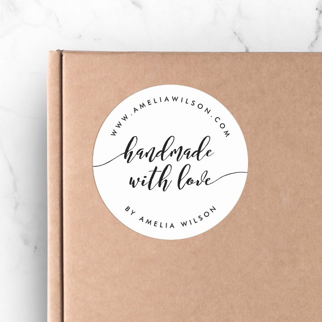 Black and White Relax Script Handmade with Love Classic Round Sticker (Creator Uploaded)
