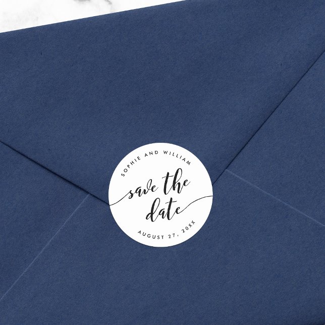 Black and White Relax Script Save the Date Classic Round Sticker (Creator Uploaded)