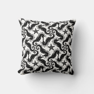 Black And White Repeating Motif   Seahorse Pattern Throw Pillow
