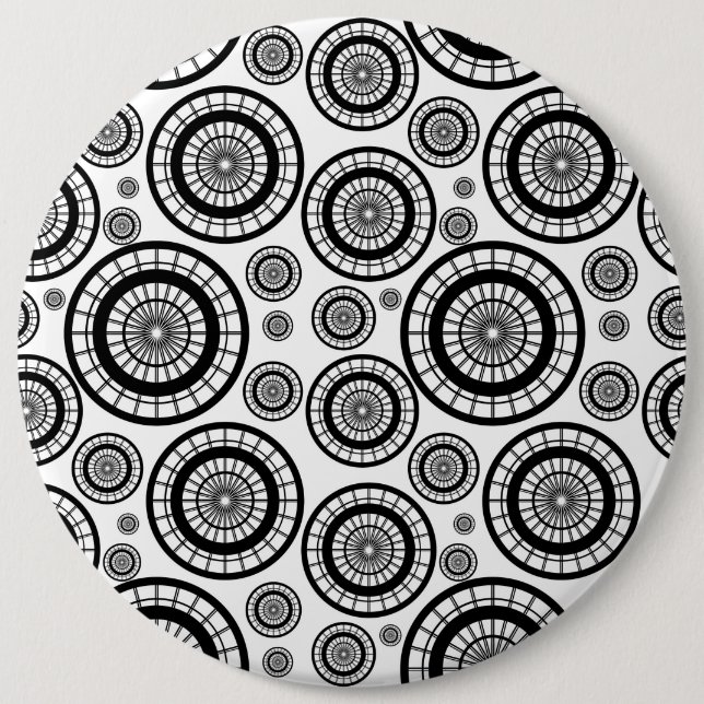Black and White Repeating Wheel Pattern 6 Inch Round Button (Front)