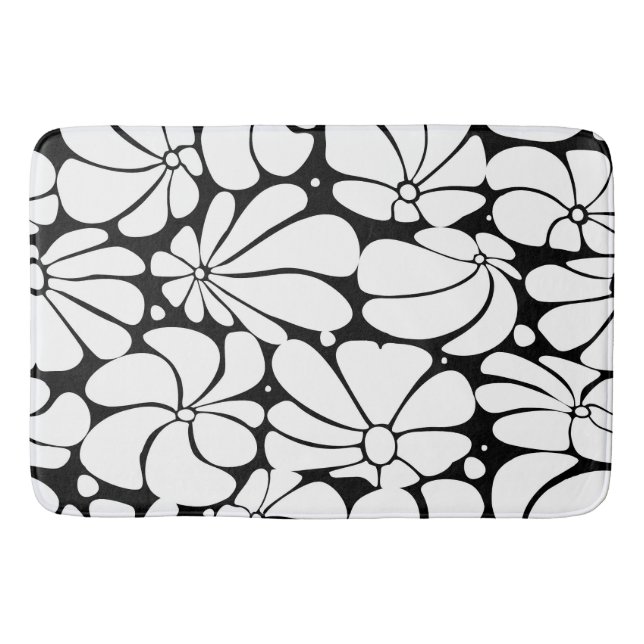 Black And White Retro 70s Flower Graphic Design Bath Mat (Front)