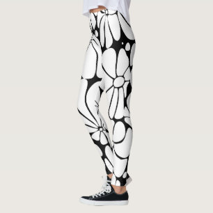 Black And White Retro 70s Flower Graphic Design Leggings