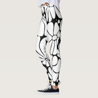 Black And White Retro 70s Flower Graphic Design Leggings