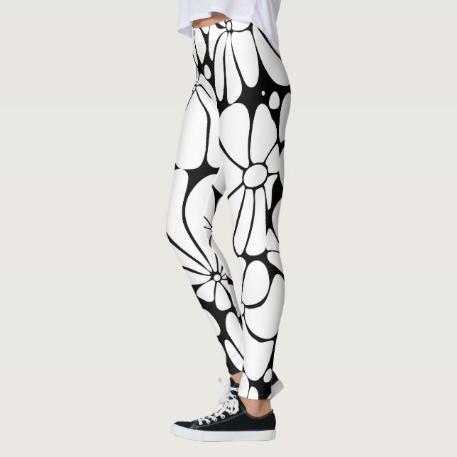 Black And White Retro 70s Flower Graphic Design Leggings (Left)