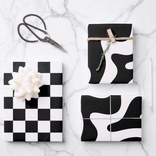 Black and White Retro Abstract Patterns Wrapping Paper Sheet (Front)