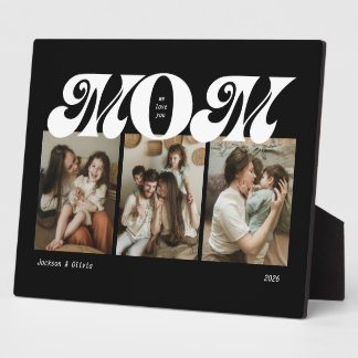 Black and White Retro Bold Mom 3 Photo Collage Plaque