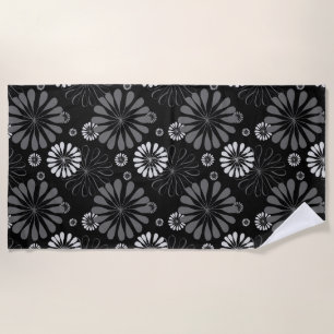 Black and White Retro Floral Beach Towel