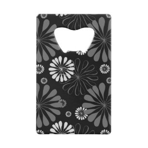 Black and White Retro Floral Credit Card Bottle Opener