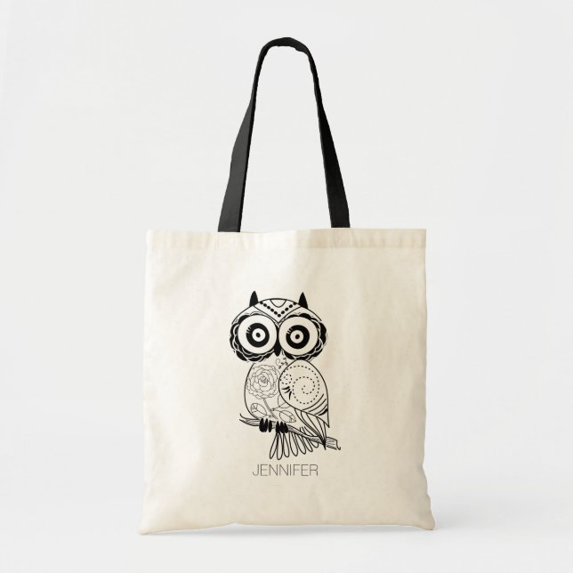 Black And White Retro Floral Owl Tote Bag (Front)
