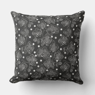 Black and white retro floral pattern with polka do outdoor pillow