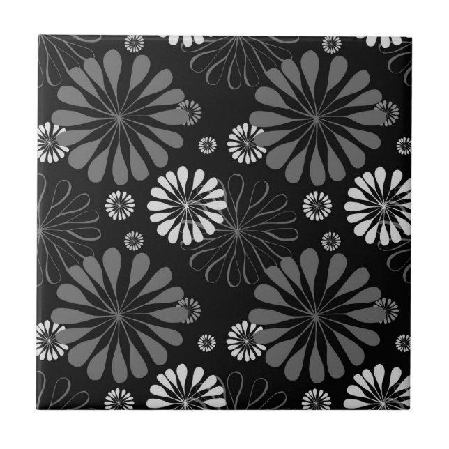 Black and White Retro Floral Tile (Front)