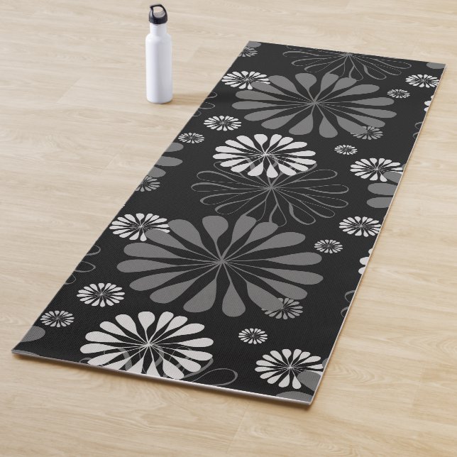 Black and White Retro Floral Yoga Mat (In Situ)