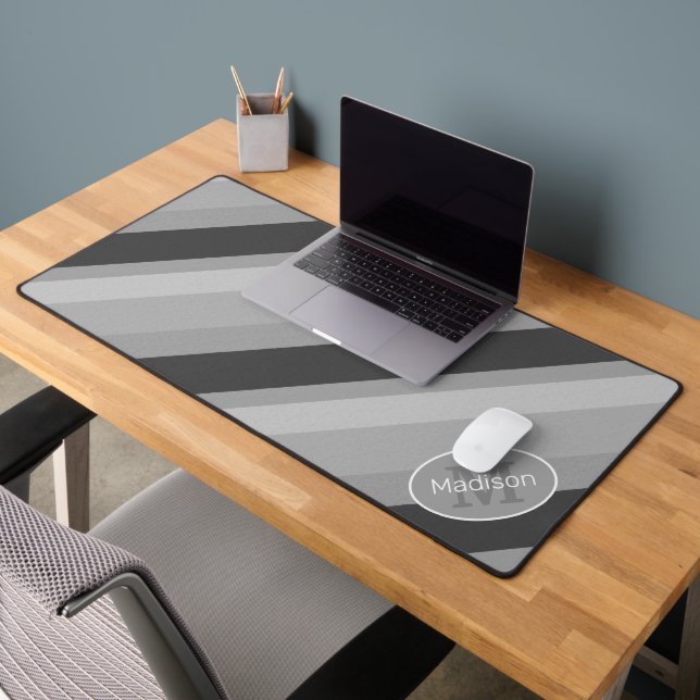 Black and white retro geometric lines Monogram Desk Mat (Office 2)