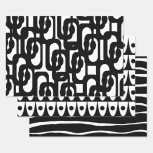 Black and White Retro Mod Patterns Wrapping Paper Sheet
