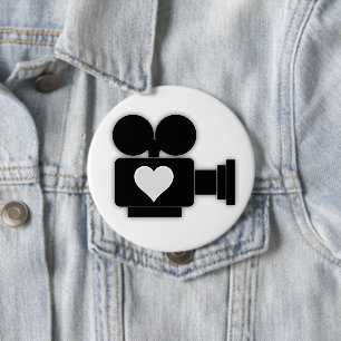 BLACK AND WHITE RETRO MOVIE CAMERA AND HEART 4 INCH ROUND BUTTON
