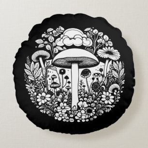 Black and White Retro Mushrooms and Flowers Round Pillow