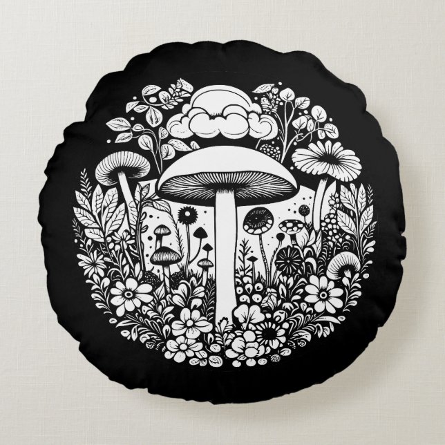 Black and White Retro Mushrooms and Flowers Round Pillow (Front)